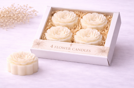 4er Set Blumenkerzen - Blütenform (Weiß, Rosa, Hellblau)