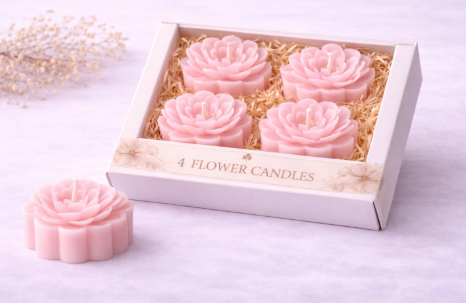 4er Set Blumenkerzen - Blütenform (Weiß, Rosa, Hellblau)