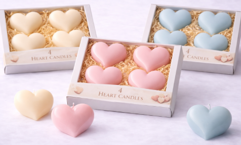 4er Set Herzkerzen – Herzform (Weiß, Rosa, Hellblau)