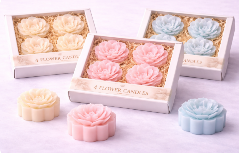 4er Set Blumenkerzen - Blütenform (Weiß, Rosa, Hellblau)