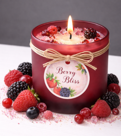 Berry Bliss – Duftkerze im dunkelroten Glas mit fruchtiger Dekoration