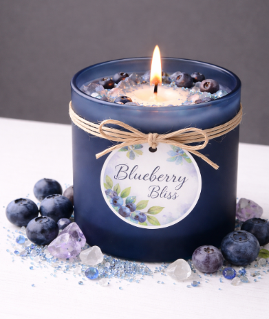 Blueberry Bliss – Scented candle in dark blue glass with decorative accents