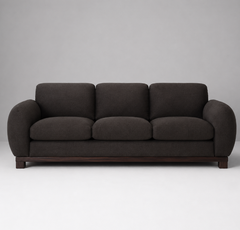 Dunkles Dreisitzer-Sofa mit runden Armlehnen