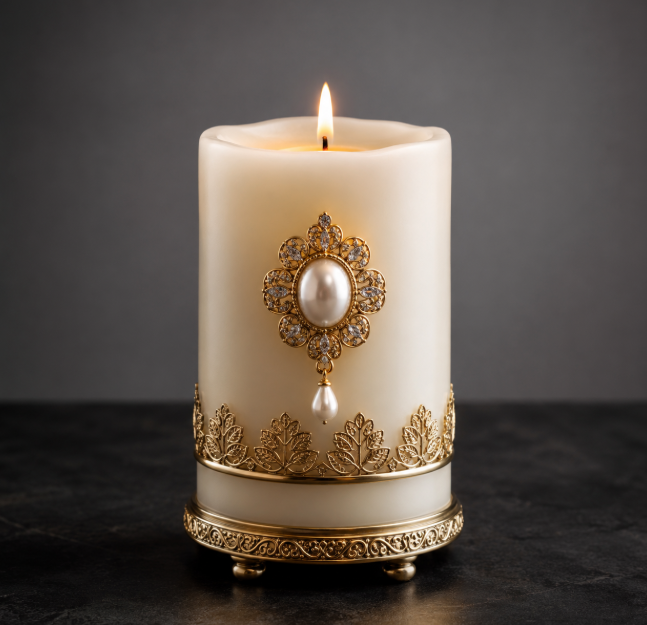 Elegante Schmuckkerze mit goldenen Verzierungen