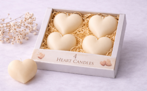 4er Set Herzkerzen – Herzform (Weiß, Rosa, Hellblau)