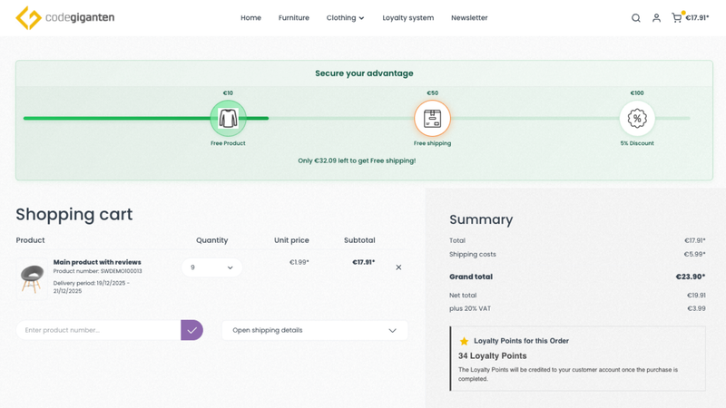 Fortschrittsbalken für kostenlosen Versand & Rabatt im Warenkorb / Upselling